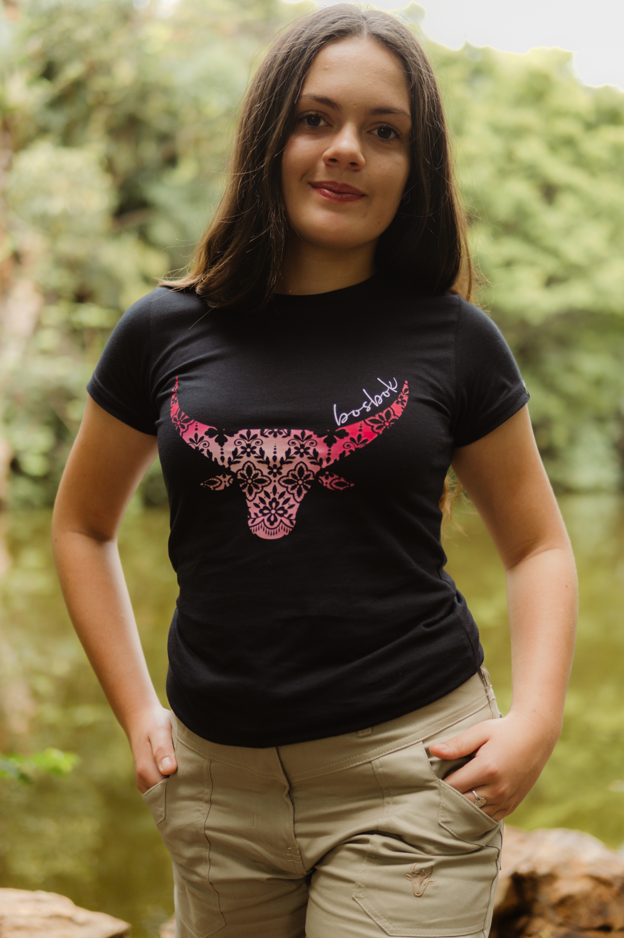 Bosbok Black with Pink Lace Bull Print T-Shirt
