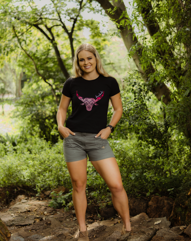 Bosbok Black with Pink Lace Bull Print T-Shirt