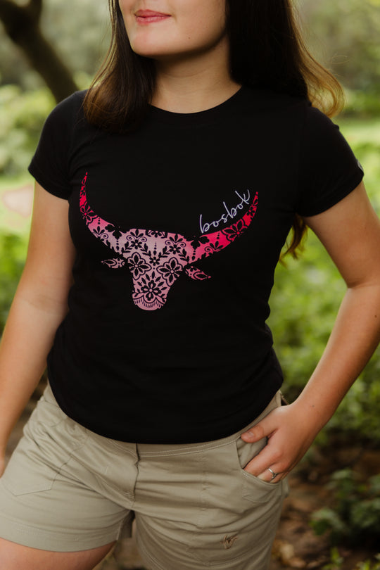 Bosbok Black with Pink Lace Bull Print T-Shirt
